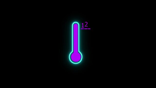 neon celsius thermometer icon glowing on dark background temperature 12 degree hot and cold weather animation