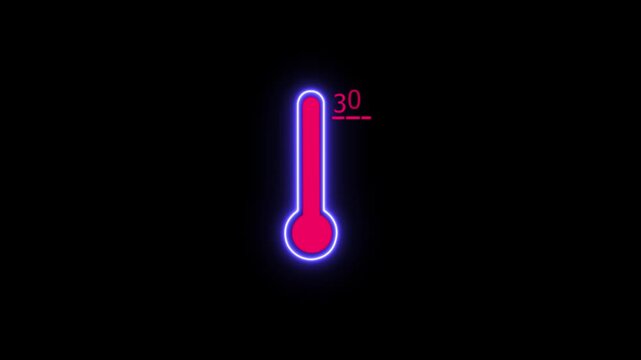 neon celsius thermometer icon glowing on dark background temperature 30 degree hot and cold weather animation