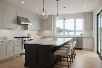 Luxurious modern kitchen interior with light gray cabinets, black island, white quartz countertops, and scenic lake view through large window.