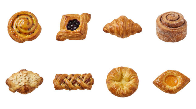 Fresh pastry and bakery set including croissant, pain aux raisins, danish, cinnamon roll, and maple pecan plait isolated. Breakfast food collection.