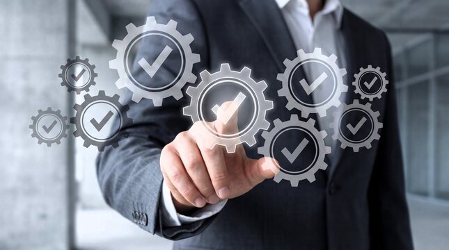 Businessman interacts with floating digital gear icons representing successful process implementation and compliance checks