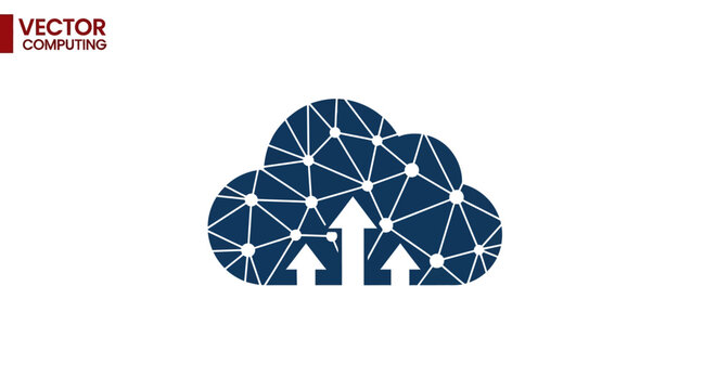 Cloud computing network icon with data upload arrows, symbolizing technology and connectivity on an isolated white background.