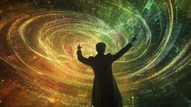 The Scanner's Symphony. Harmonizing Data and Efficiency, abstract composition of digital data swirling around a symphony conductor