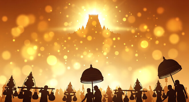 Thaipusam festival poster with kavadi procession silhouettes and glowing lights