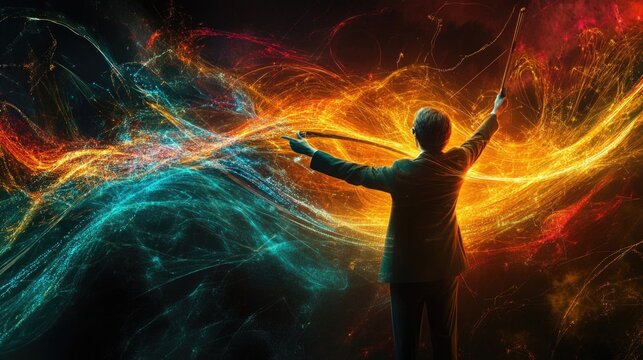 The Scanner's Symphony. Harmonizing Data and Efficiency, abstract composition of digital data swirling around a symphony conductor.