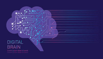 Vector illustration on the Theme of Artificial intelligence technology, Digotal Human Brain, The process of thinking, Data, digital intelligence, machine learning, robot, and computer network concepts