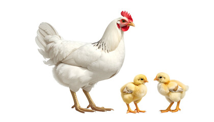 Fototapeta premium A white hen with a red comb stands beside two yellow chicks against a transparent background