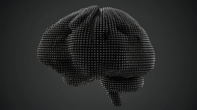 Stylized 3D brain formed by small black spheres arranged in grid pattern on dark gradient background.