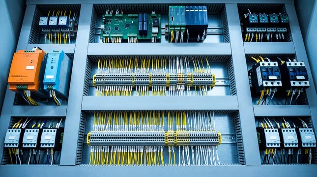 Organized industrial electrical control panel featuring intricate wiring, circuit breakers, and modular components inside