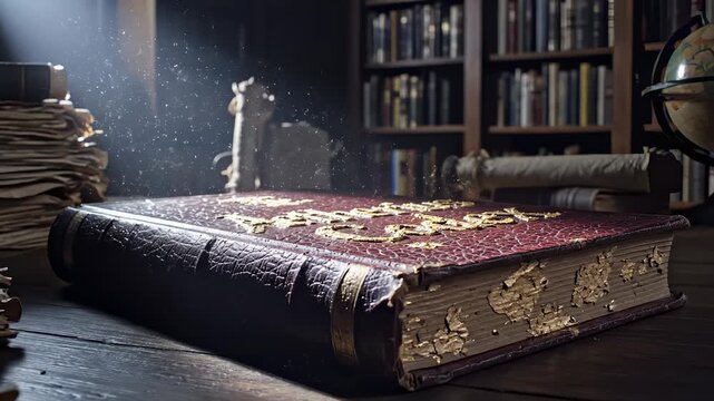Antique Book Resting on Wooden Desk in Library With Dust Particles