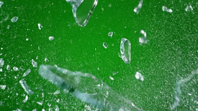 Isolated jagged broken glass debris flying and rotating in the air against a pure green screen designed for easy compositing and visual effects slowmotion, separation, design