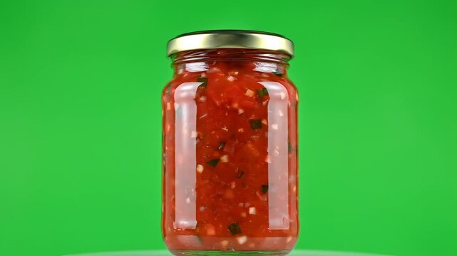 Isolated jar of thick homemade red salsa slowly rotating against a perfectly illuminated pure chroma key green screen background ready for compositing motion track, turn, slowly rotating