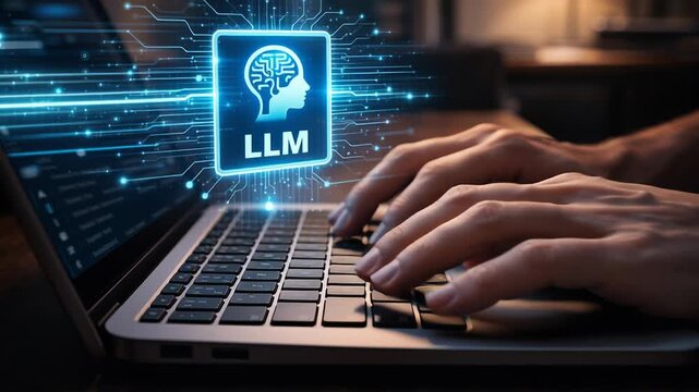 Large language model concept showcasing ai technology and programming for next gen software developer cybersecurity and machine learning with hands typing laptop keyboard coding software development