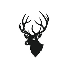 Naklejka premium Adobe Illustrator Artwork of A black silhouette of a deer head with antlers on a white background.