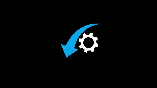 Curved blue downward arrow wrapping a white gear icon on a black background, symbolizing system settings, configuration, process control, and workflow adjustment in a modern flat vector style.