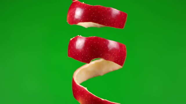 Isolated long spiral of bright red apple peel slowly rotating and floating against a solid chroma key green background for easy compositing and removal texture, red color, fruit
