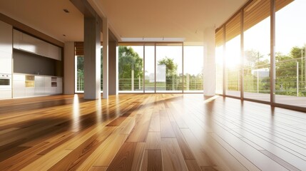 Fototapeta premium Modern interior of a spacious living room with large windows. Sunlight streams in, illuminating the wooden floor and contemporary design.