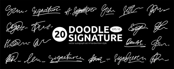 Doodle White Fake Signature Set. Fake Signature Autograph Sign Sample Kit. Random Hand Name Handwritten Autograph Collection. Vector Line Illustration Clipart Graphic Elements