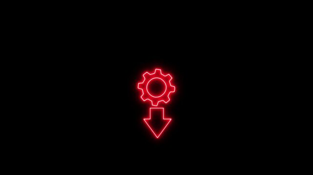 Minimal flat vector icon showing an orange gear above a downward arrow on a black background. The symbol represents settings download, system installation, configuration update,