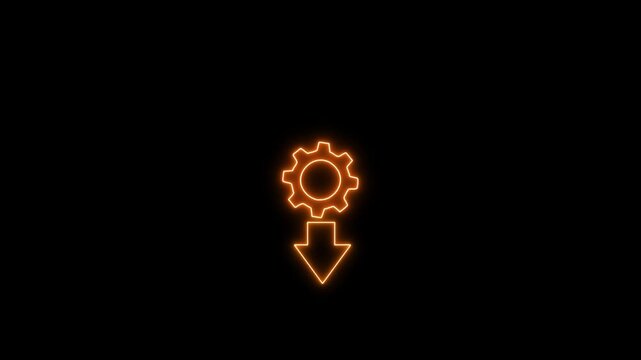 Minimal flat vector icon showing an orange gear above a downward arrow on a black background. The symbol represents settings download, system installation, configuration update,