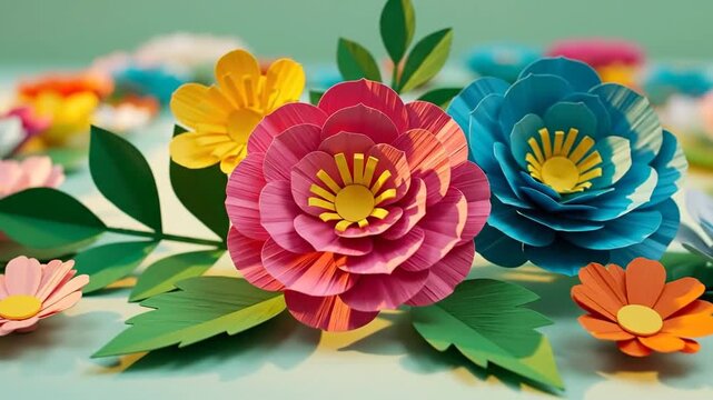 Colorful paper flowers and green leaves arranged in a square frame on light green background.