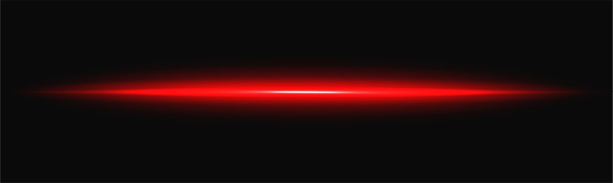 Red neon laser beam with light and glowing flare effect for digital tech background. Bright energy ray with speed shine flow in dark space. Abstract vector horizontal line isolated overlay