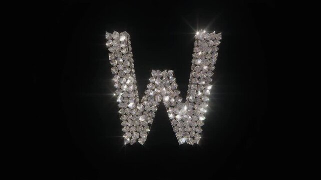 Stylized letter "W" made of sparkling diamond-like elements in grid pattern on black background, luxury aesthetic.