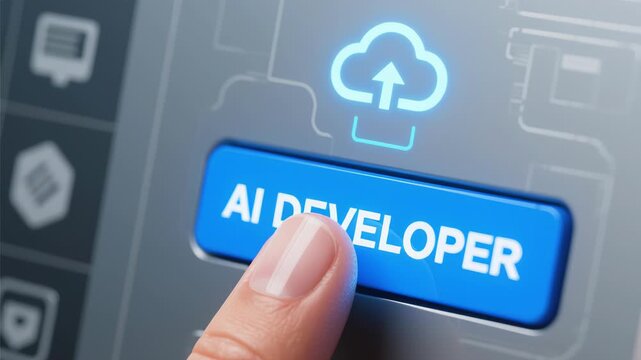 AI developer button pressed on futuristic touchscreen digital screen, next gen technology in programming coding machine learning and cybersecurity software innovation with cloud upload icon