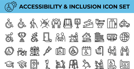  Set of outline icons related to wheelchair. Linear icon collection. Editable stroke. Vector illustration  © Pixel_Forge