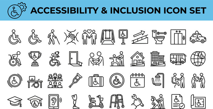  Set of outline icons related to wheelchair. Linear icon collection. Editable stroke. Vector illustration 