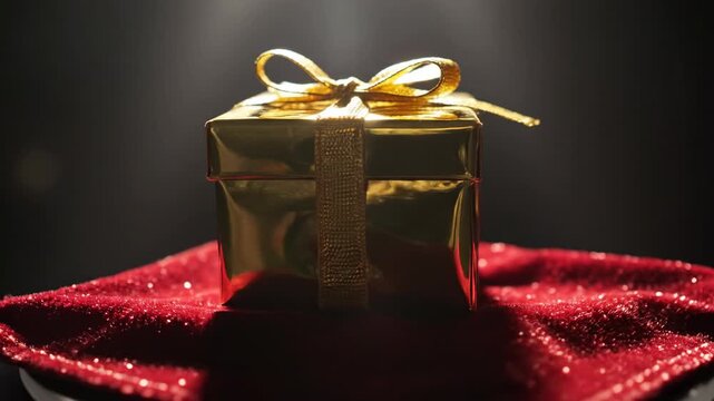 Isolated macro shot of a single revolving shiny golden gift box resting on small patch of deep ruby red velvet fabric rotating slowly texturedetail, highresolution, small