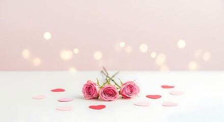 Pink roses bouquet with gift tag on soft pink bokeh background romantic celebration