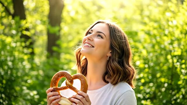 A joyful woman holds a pretzel outdoors, surrounded by lush greenery.