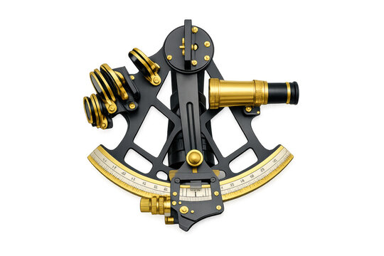 Antique nautical sextant with golden accents on gradient background