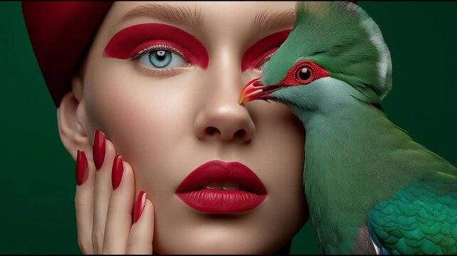 Vibrant Fashion Portrait of Woman with Green Exotic Bird &ndash; Bold Red Makeup and Nails Against Deep Green Background