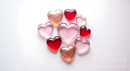 Heart shaped gemstones love collection on white background glossy reflection