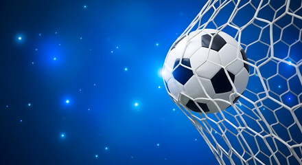 Fototapeta premium Soccer ball flying into goal net with blue starry background scoring a goal in a magical night atmosphere