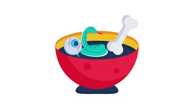 A bowl containing a snake, an eyeball, and a bone, arranged in a visually striking and unusual composition.