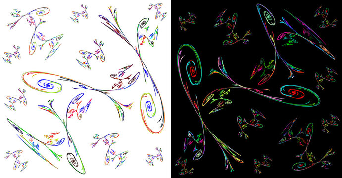 Elegant subtle spiral patterns on white and black backgrounds. Two abstract fractal backgrounds in one. 3D rendering. 3D illustration.