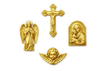 Fototapeta premium Golden religious motifs: elegant icons of faith featuring angels and cross