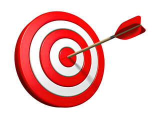 A red and white circular target with an arrow hitting the bullseye
