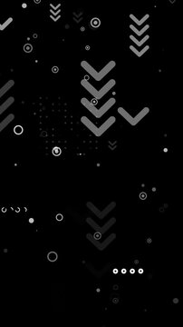 Dark background populated with moved various gray and white geometric shapes including arrows, chevrons, circles, and dots. Loop animation. Vertical video.