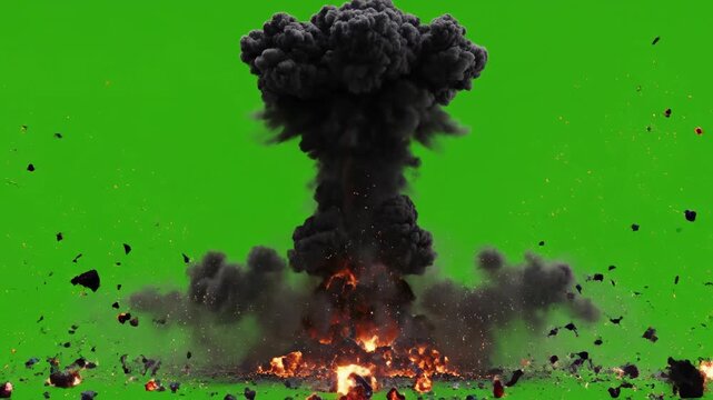 Isolated massive orange and yellow fireball explosion generating heavy dark smoke and debris against a clean chroma key green screen action, isolated, post production