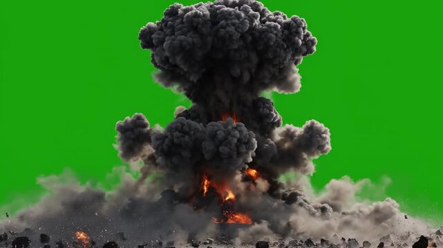 Epic Explosion: A powerful explosion erupts with a mushroom cloud against a vivid green backdrop, showcasing the raw energy and force of a momentous event.