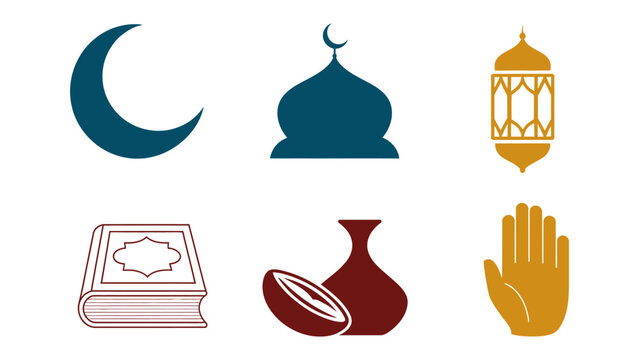 Symbols of Faith: A collection of religious icons representing the core tenets of Islamic faith, including the crescent moon, mosque dome, ornate lantern, the Quran, dates, and open hand.