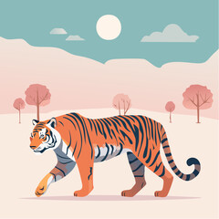 Obraz premium Majestic Tiger Walking in a Serene Landscape Under a Pale Sky