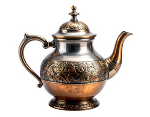 Ornate metal teapot, sculpted patterns, vintage design, isolated