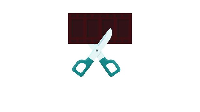 A pair of scissors resting on a piece of film, symbolizing editing or cutting in film production.