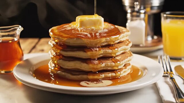 A stack of pancakes with syrup being poured on top, served with butter and orange juice on a breakfast table