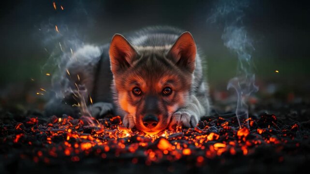 Cute wolf pup resting on glowing embers with smoke and sparks, magical forest scene.